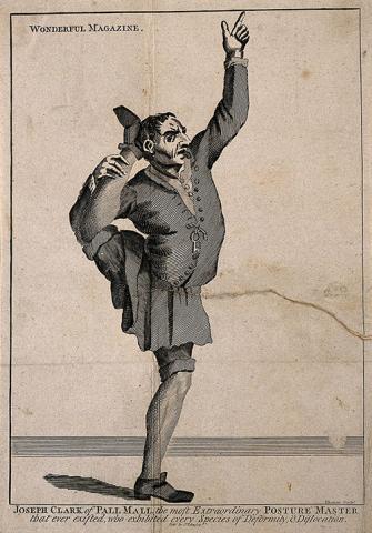 “The most Extraordinary Posture Master.” Engraving of Joseph Clark of Pall Mall, London, England, by Thornton, c. 1690. Wikimedia